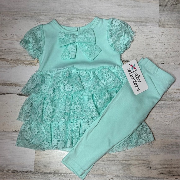 Baby Starters Other - Baby Starters Tunic and Leggings Set Kids 9M Mint Green New Lace Bow Boutique